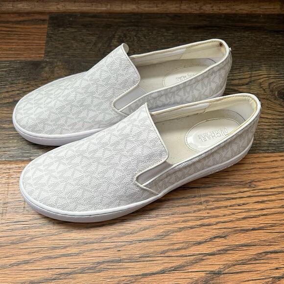 Michael Kors Keaton Logo Slip-On Sneakers White Monogram Canvas Women’s 8.5M - Picture 1 of 8